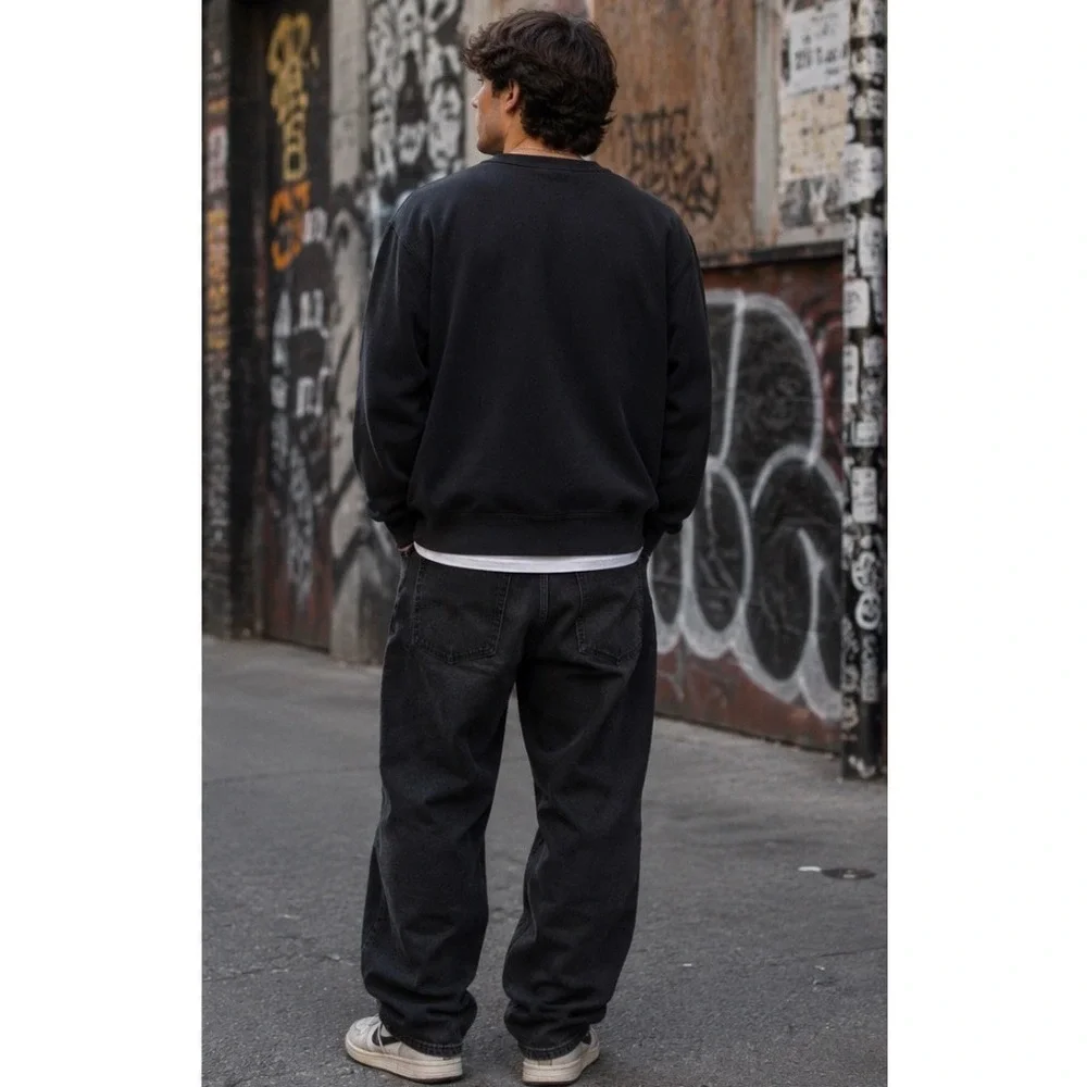 Nike Sweatshirt Men Large Black Crewneck Embroidered Mini Swoosh Fleece Pullover